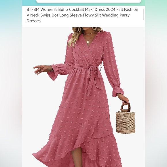 Boho Cocktail Maxi Dress Fall Fashion V Neck Swiss Dot Long Sleeve Flowy Slit - Picture 1 of 3